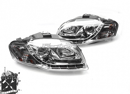 Фары с "ходовыми огнями" для Audi A4 B7, хром Type1